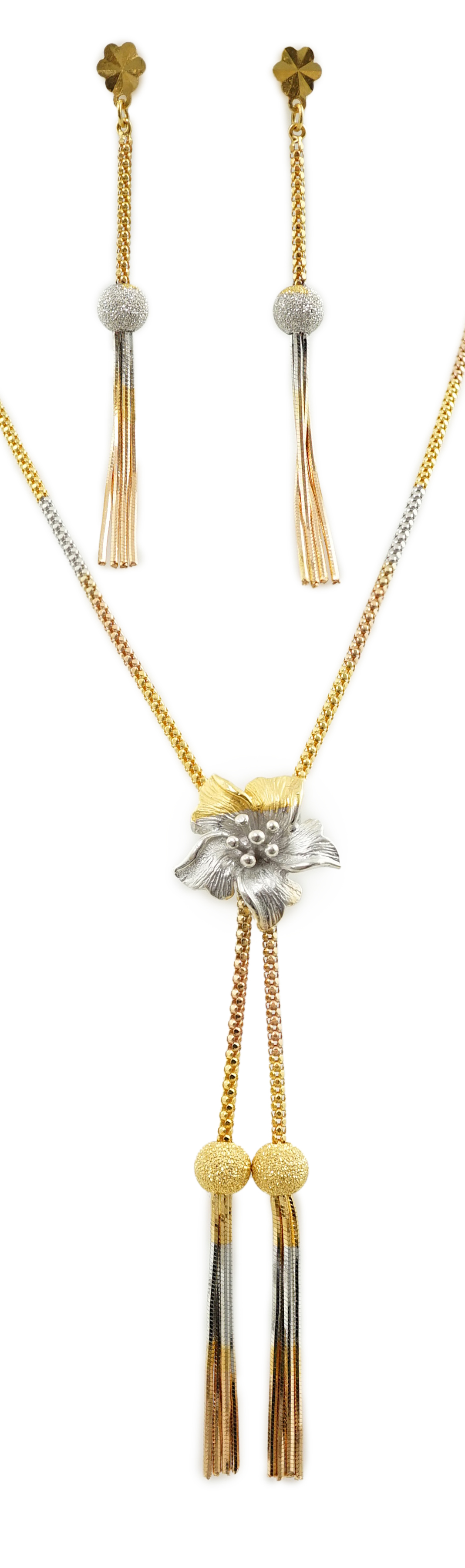 A recent Middle Eastern three colour 22k gold tassel drop necklace and pair of matching drop earrings